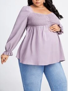 SHEIN Maternity Plus Ruched Bishop Sleeve Shirred Top - Lilac Purple - View 4
