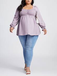 SHEIN Maternity Plus Ruched Bishop Sleeve Shirred Top - Lilac Purple - View 5