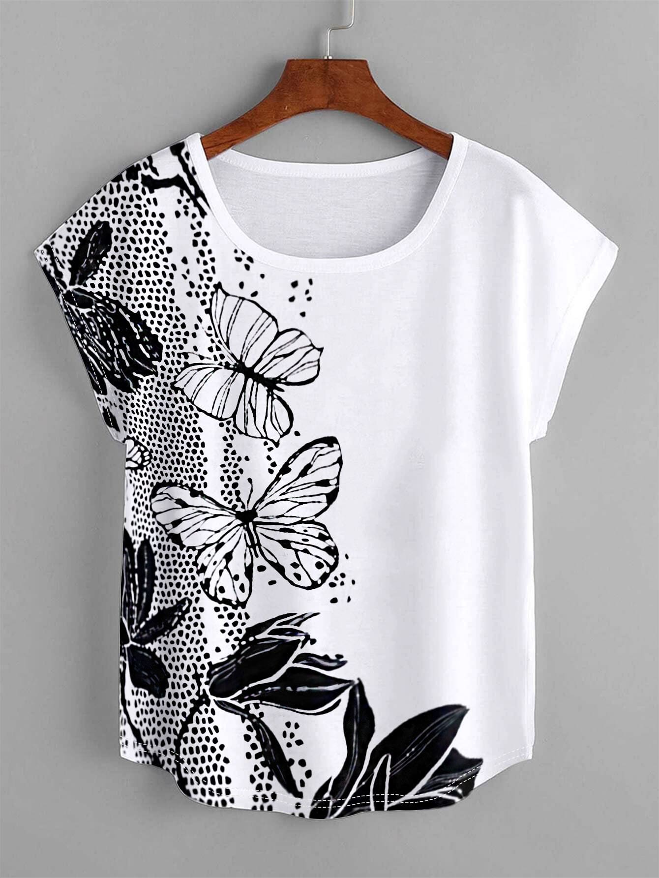 SHEIN LUNE Plus Floral & Butterfly Print Curved Hem Tee - White - View 1