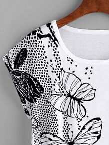 SHEIN LUNE Plus Floral & Butterfly Print Curved Hem Tee - White - View 3
