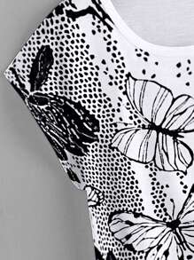 SHEIN LUNE Plus Floral & Butterfly Print Curved Hem Tee - White - View 4