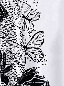SHEIN LUNE Plus Floral & Butterfly Print Curved Hem Tee - White - View 5