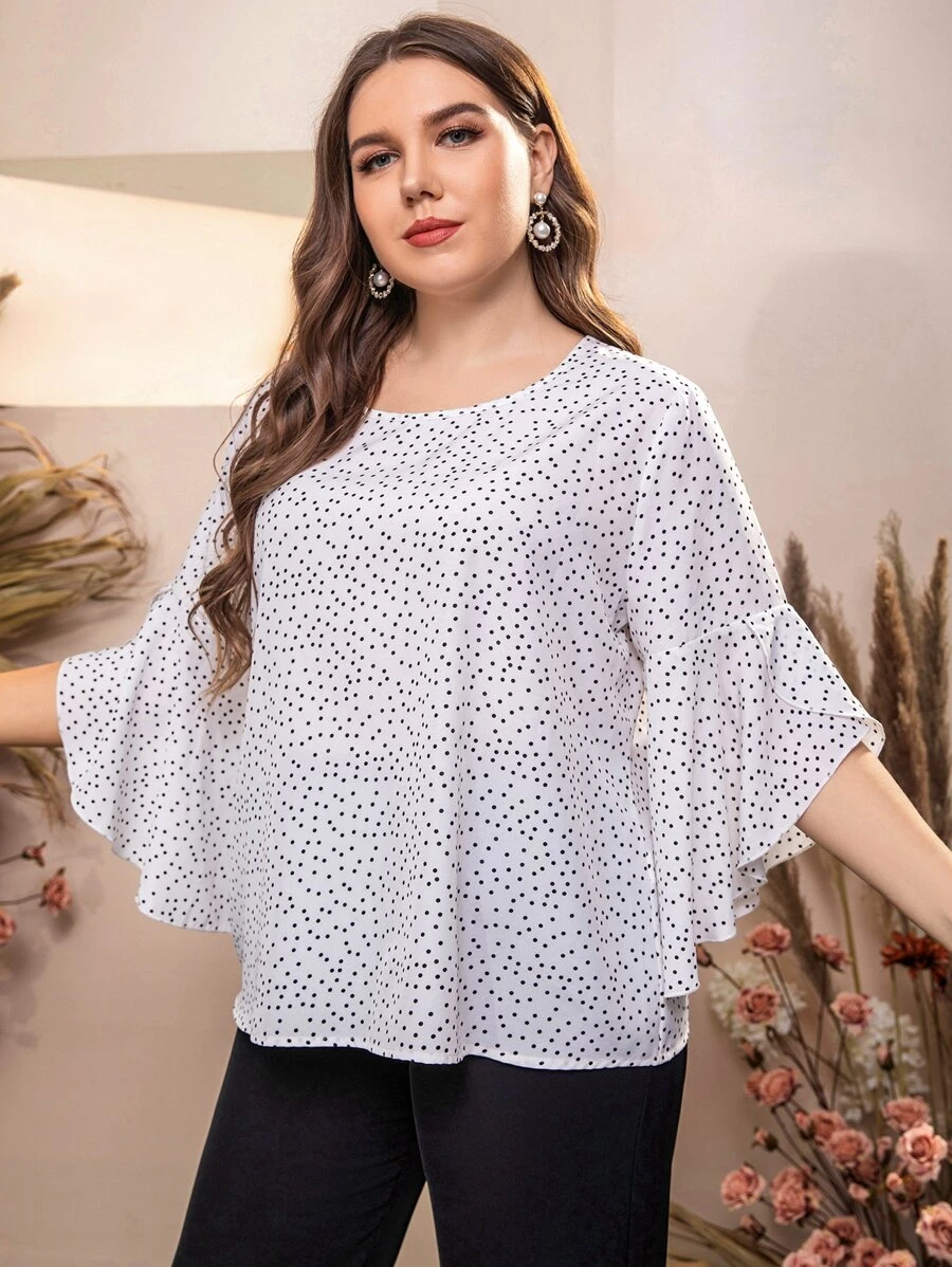 Mulvari Plus Polka Dot Print Flounce Sleeve Blouse - White - View 1