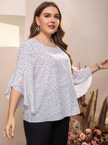 Mulvari Plus Polka Dot Print Flounce Sleeve Blouse - White - View 3
