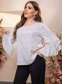 Mulvari Plus Polka Dot Print Flounce Sleeve Blouse - White - View 4