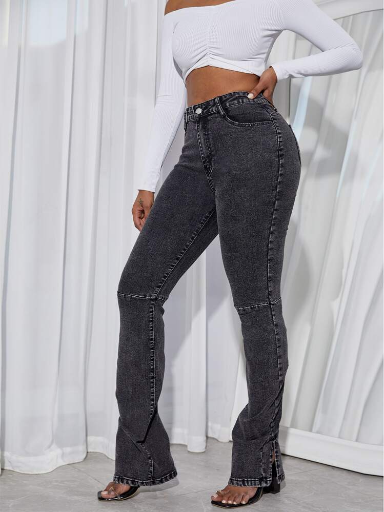 SHEIN Essnce Ruched Split Hem Flare Leg Jeans - Dark Grey - View 6