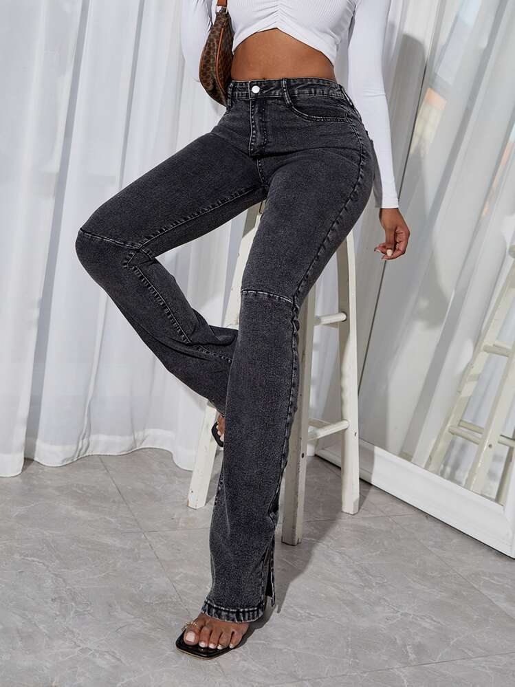 SHEIN Essnce Ruched Split Hem Flare Leg Jeans - Dark Grey - View 5