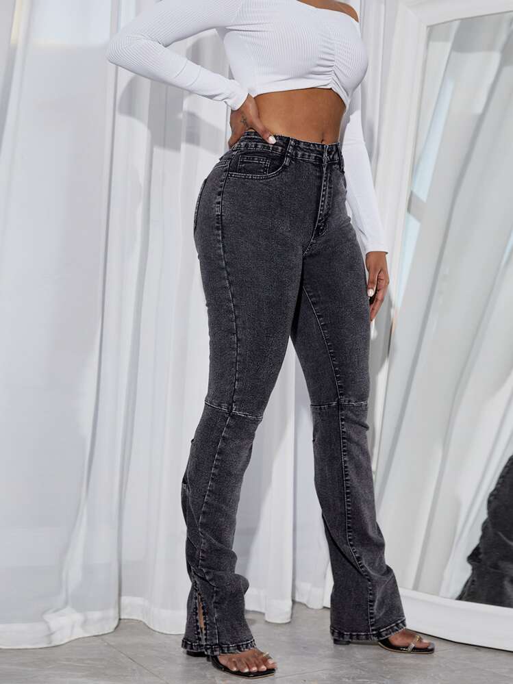 SHEIN Essnce Ruched Split Hem Flare Leg Jeans - Dark Grey - View 3