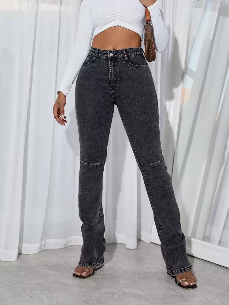 SHEIN Essnce Ruched Split Hem Flare Leg Jeans - Dark Grey - View 2