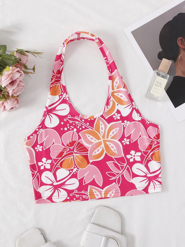 SHEIN Unity Floral Print Crop Halter Top - Multicolor - View 1