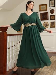 Đầm Plus Size Đề can Hoa Hấp dẫn - Màu xanh lá cây đậm - Xem 1