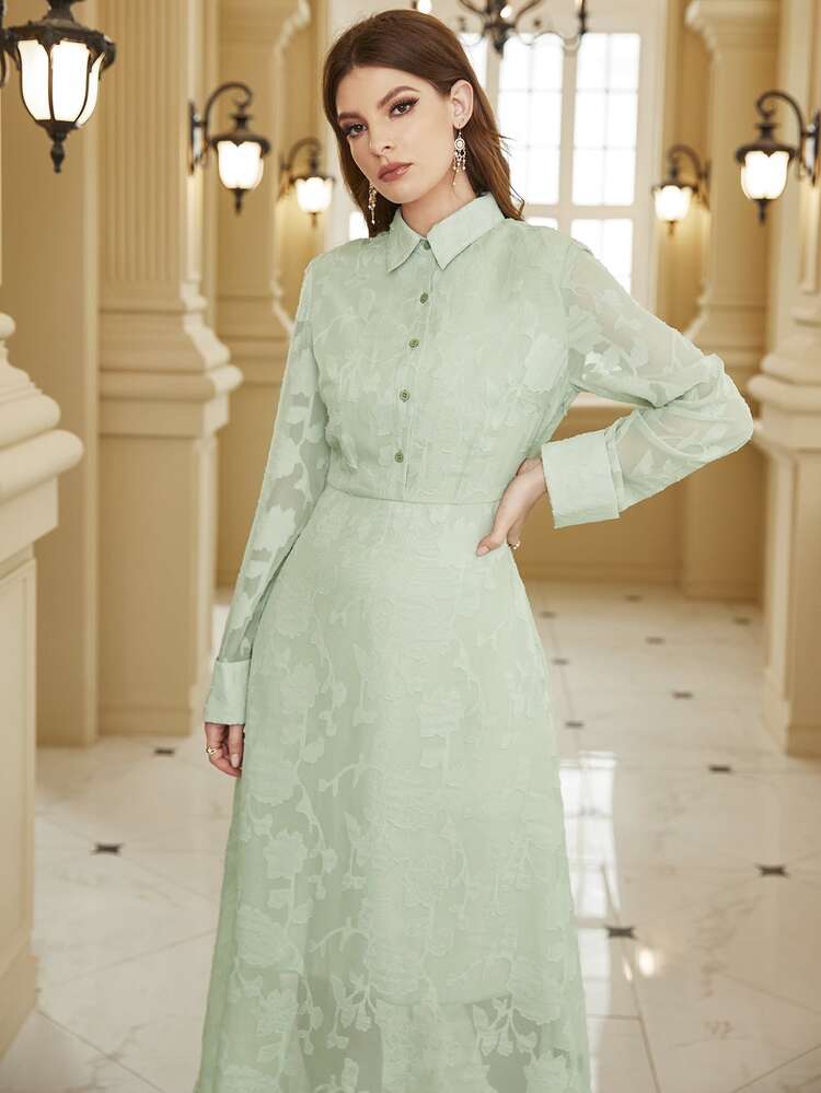Half Button Shirt Dress - Mint Green - View 4