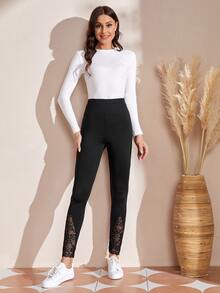 EMERY ROSE Lace Insert High Waist Leggings - Black - View 3