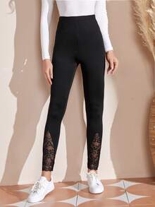 EMERY ROSE Lace Insert High Waist Leggings - Black - View 4