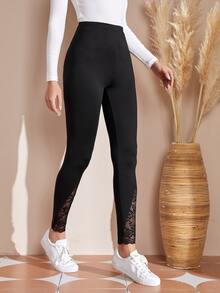 EMERY ROSE Lace Insert High Waist Leggings - Black - View 5