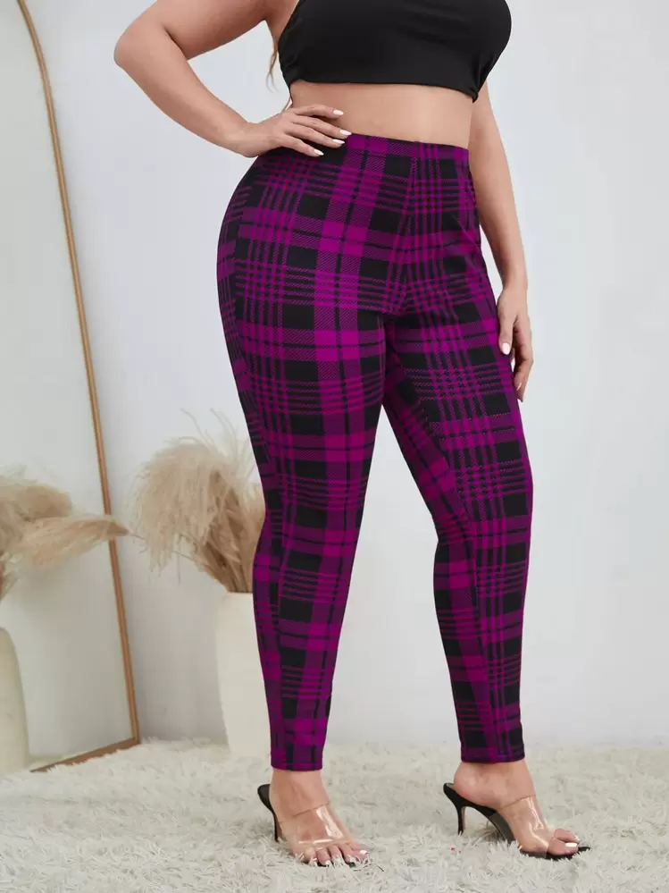 SHEIN Clasi Plus Plaid Print Leggings - Multicolor - View 1