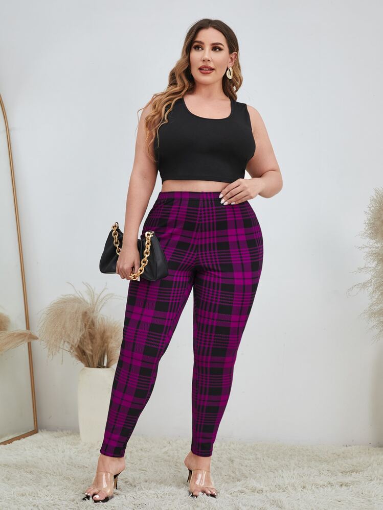 SHEIN Clasi Plus Plaid Print Leggings - Multicolor - View 3