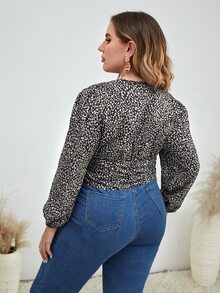 Plus Dalmatian Print Puff Sleeve Ruched Crop Blouse - Multicolor - View 2