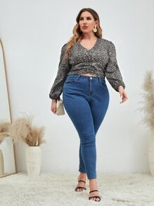 Plus Dalmatian Print Puff Sleeve Ruched Crop Blouse - Multicolor - View 3
