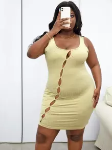 SHEIN SXY Đầm Plus Size Cắt ra Gân đan màu trơn Gợi cảm - Màu xanh Bạc hà - Xem 1