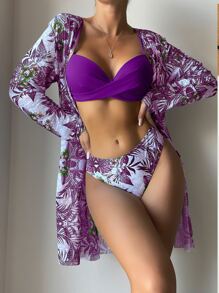 SHEIN Swim Summer Beach Tropical Print Push Up Bikini With Kimono - Multicolor - View 1
