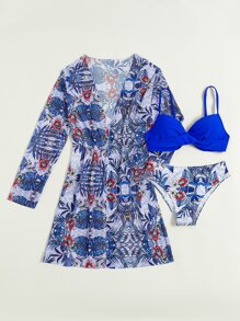 热带印花聚拢比基尼搭配和服夏季 - 彩色 - 查看 4