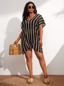 SHEIN Swim Curve Áo choàng kẻ sọc cỡ lớn mùa hè - Màu be - Xem 4