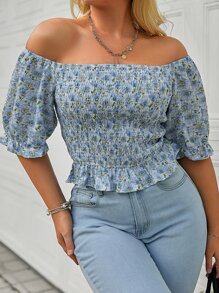 Simplee Áo sơ mi Plus Size Viên lá sen Dải chun Họa tiết hoa Boho - Nhiều màu - Xem 1