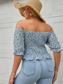 Simplee Áo sơ mi Plus Size Viên lá sen Dải chun Họa tiết hoa Boho - Nhiều màu - Xem 2