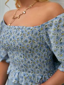 Simplee Áo sơ mi Plus Size Viên lá sen Dải chun Họa tiết hoa Boho - Nhiều màu - Xem 4