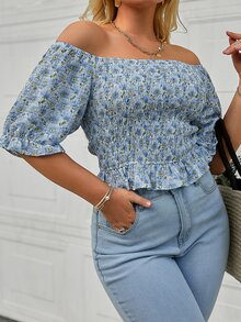 Simplee Áo sơ mi Plus Size Viên lá sen Dải chun Họa tiết hoa Boho - Nhiều màu - Xem 5