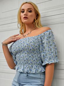 Simplee Áo sơ mi Plus Size Viên lá sen Dải chun Họa tiết hoa Boho - Nhiều màu - Xem 6