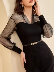 SHEIN Privé Contrast Mesh Slit Hem Bodycon Dress Workwear - Black - View 4