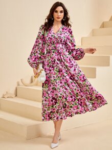 Modelyn V-neck Bishop Sleeve Allover Floral Dress - Multicolor - View 1