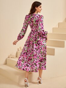 Modelyn V-neck Bishop Sleeve Allover Floral Dress - Multicolor - View 2