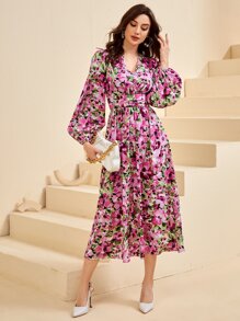 Modelyn V-neck Bishop Sleeve Allover Floral Dress - Multicolor - View 3