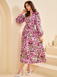 Modelyn V-neck Bishop Sleeve Allover Floral Dress - Multicolor - View 5