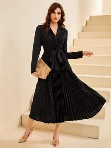 Modelyn Belted Pleated Hem 2 In 1 Blazer Dress