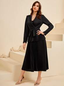 Modelyn Belted Pleated Hem 2 In 1 Blazer Dress