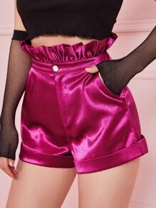 SHEIN High Waist Frill Satin Shorts - Red Violet - View 4