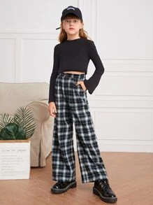 SHEIN Girls Plaid Wide Leg Trousers - Multicolor - View 4