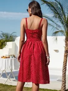 Breezaya 波卡圓點褶邊繫腰帶連衣裙 - 紅色 - 查看 2