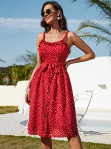 Breezaya 波卡圓點褶邊繫腰帶連衣裙 - 紅色 - 查看 3