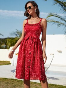 Breezaya 波卡圓點褶邊繫腰帶連衣裙 - 紅色 - 查看 4