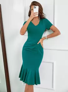 Chiquease Ruched Front Mermaid Hem Dress - Teal Blue - View 1