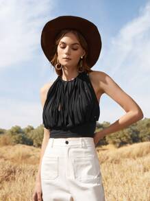 SHEIN VCAY Áo hai dây Lộ Lưng mép Bị tách Buộc lại màu trơn Gợi cảm - màu đen - Xem 1