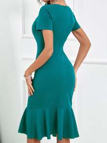 Chiquease Ruched Front Mermaid Hem Dress - Teal Blue - View 2