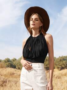 SHEIN VCAY Áo hai dây Lộ Lưng mép Bị tách Buộc lại màu trơn Gợi cảm - màu đen - Xem 4