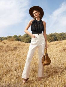 SHEIN VCAY Áo hai dây Lộ Lưng mép Bị tách Buộc lại màu trơn Gợi cảm - màu đen - Xem 5