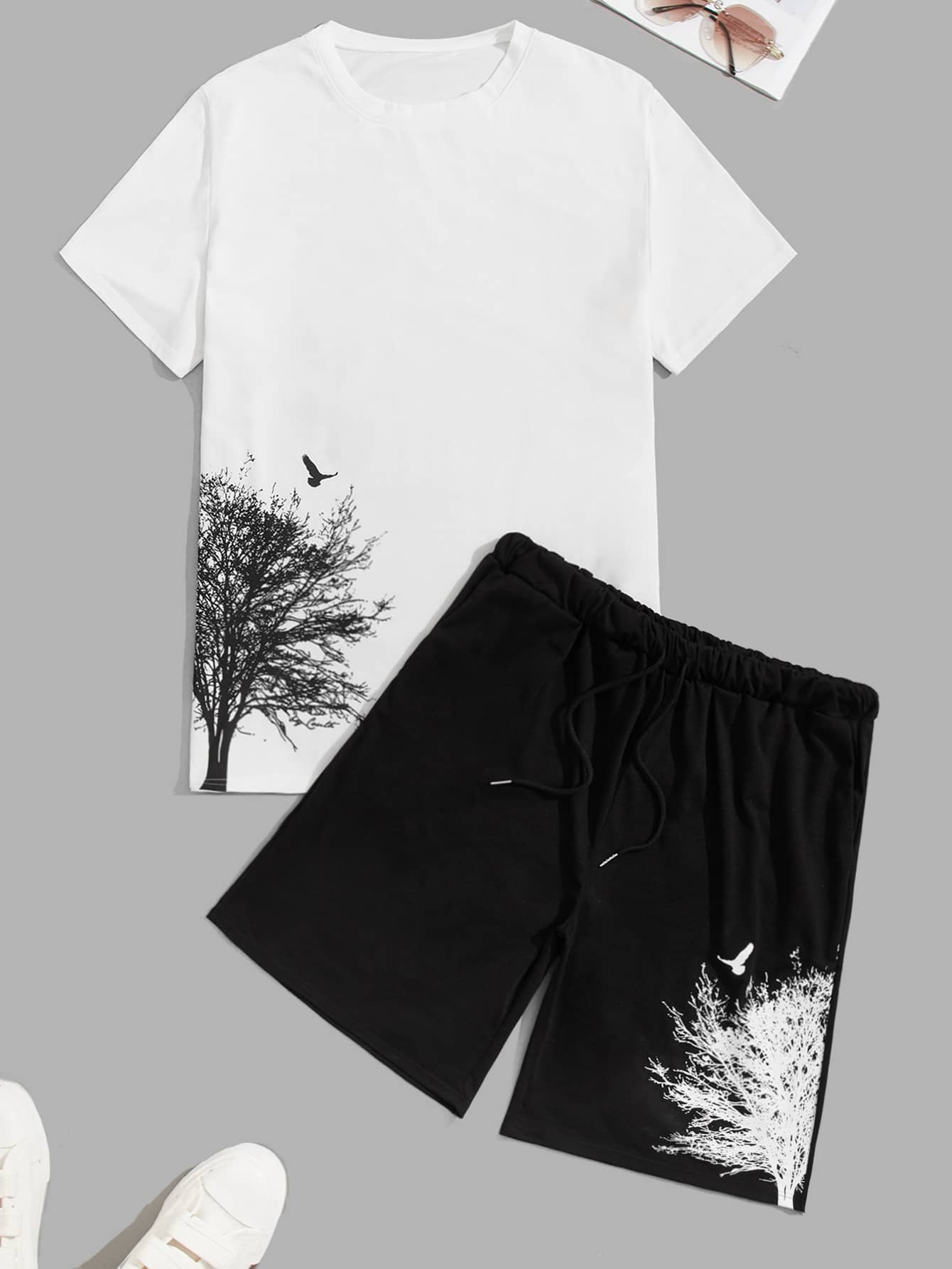 Manfinity Bộ hai mảnh Nam Dây kéo Thực vật Giải trí - Đen và trắng - Xem 1